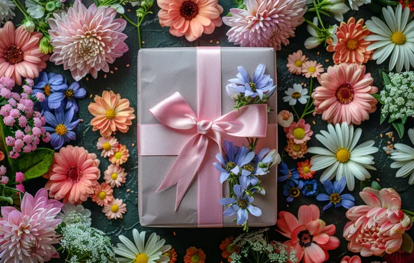 Flowers, holiday, box, gift, bow, AI art, neural network
