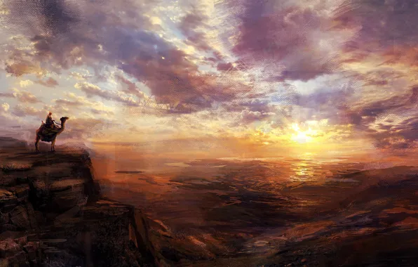 The sky, landscape, sunset, animal, people, beauty, camel, painting