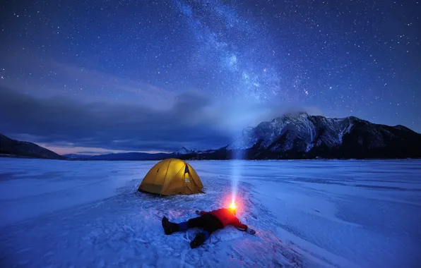 Picture winter, the sky, stars, light, snow, mountains, night, lake
