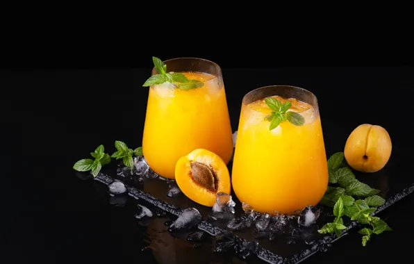 Ice, glasses, juice, cocktail, black background, apricots