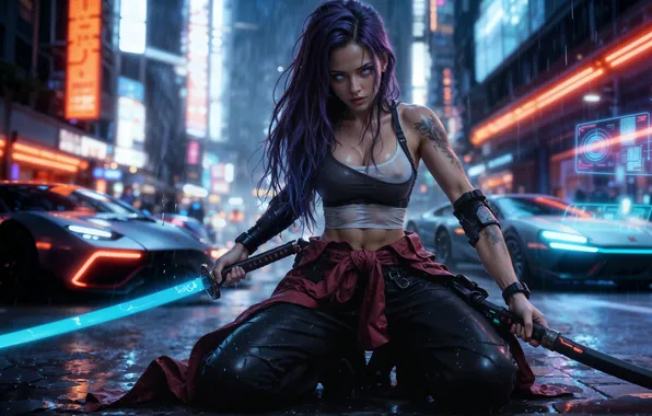 Picture weapons, rain, katana, brunette, digital art, digital art, sitting on the pavement, neon advertising
