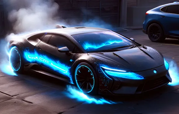 Smoke, car, digital art, sports coupe, digital art, neo, AI art, Stability AI