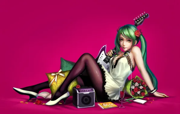 Girl, guitar, roses, anime, Hatsune Miku, Vocaloid, art, Miku