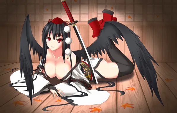 Leaves, girl, Board, wings, sword, katana, art, touhou