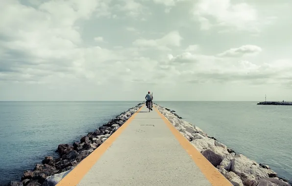 Sea, bike, fisherman, the breakwater