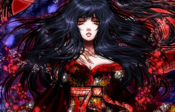 Pattern, hand, Brunette, kimono, flowing hair