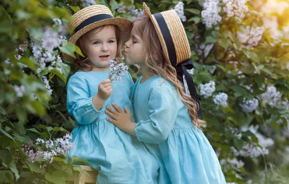 Look, light, flowers, branches, children, pose, foliage, girls