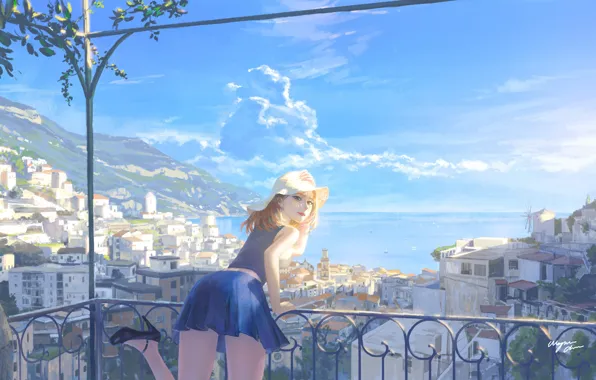 Picture sea, girl, the city, ship, balcony