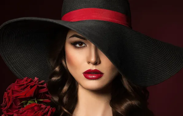 Look, girl, flowers, roses, hat, makeup, lips
