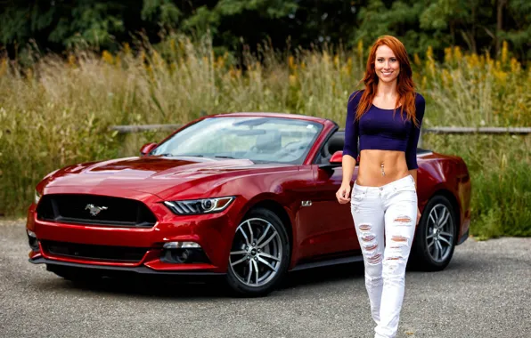 Smile, Girls, convertible, Ford Mustang, beautiful girl, red car