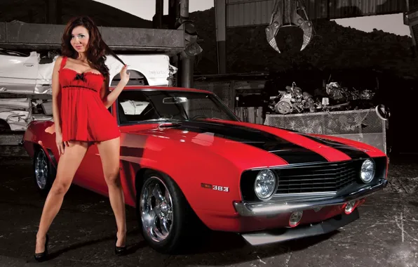 Girls, Brunette, muscle car, in red, smiling, looking at the camera, Beautiful girl, standing near …