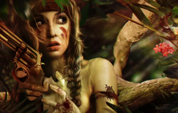 Girl, trees, face, weapons, fear, fiction, blood, hair