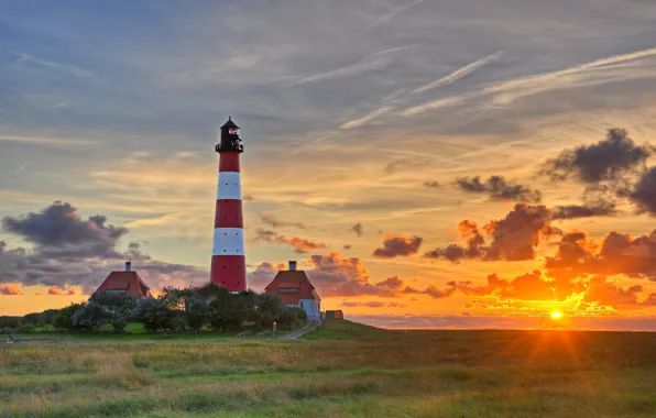 The sky, clouds, sunset, lighthouse, home, field, Germany, sunset