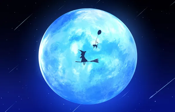 Picture moon, fantasy, cat, stars, digital art, artwork, fantasy art, witch