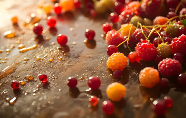 The sun, drops, light, berries, raspberry, table, Board, moisture