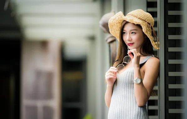 Summer, girl, the city, smile, street, model, dress, hat