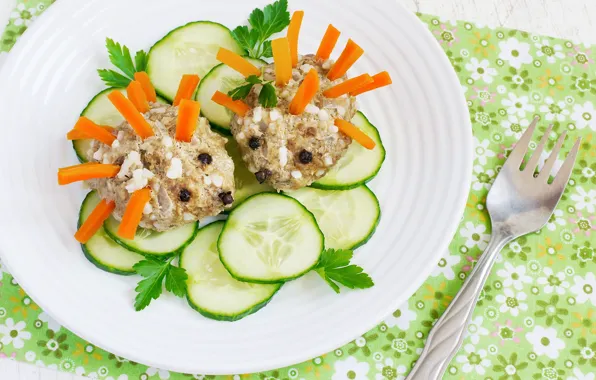 Plate, meat, vegetables, carrots, cucumbers, hedgehogs