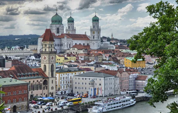 Picture the sky, river, ship, tower, home, Germany, Bayern, Passau