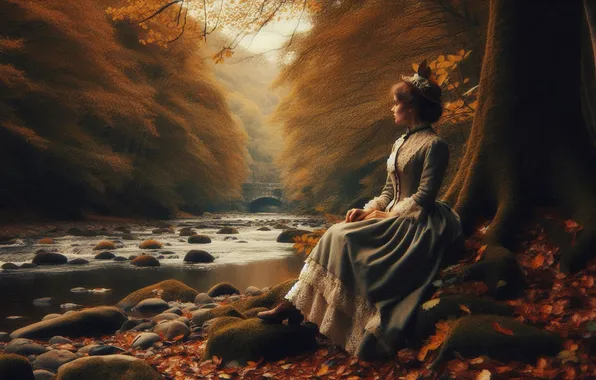 Autumn, girl, nature, retro, stones, tree, foliage, dress