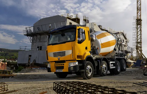 Orange, crane, Renault, 8x4, fittings, four-axle, the site, Premium Lander