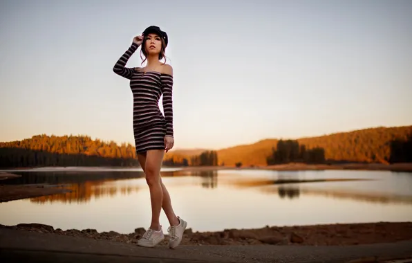 Picture girl, pose, river, dress, Sergey Bidun