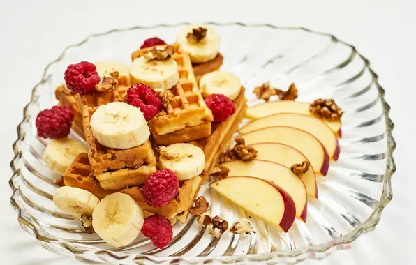 Raspberry, apples, bananas, fruit, nuts, waffles