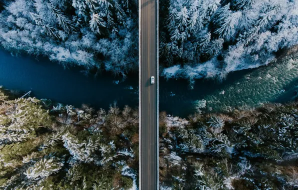 Winter, machine, snow, bridge, river, forest, the view from the top