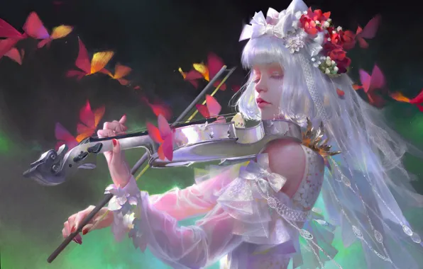 Picture girl, butterfly, music, violin, fantasy, Illustration, The New Works.新作, Wei Feng
