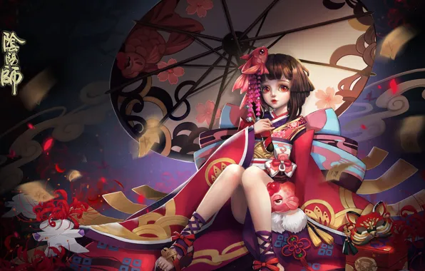 Umbrella, girl, fragment, Kagura, milkyu dong, Yin-Yang Division