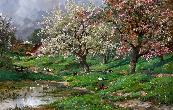 Home, Trees, Birds, Picture, River, Alois Arnegger, Alois Arnegger, Austrian painter