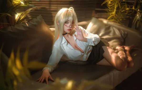 Asian, women, cosplay, blonde, big boobs, lying down, bent legs, lying on side