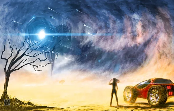 Picture girl, desert, storm, Planet, car, spaceships