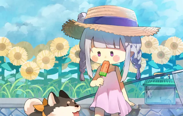 Flowers, girl, dog