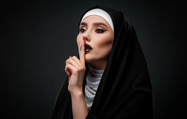 Girl, face, background, hand, makeup, finger, nun, gesture