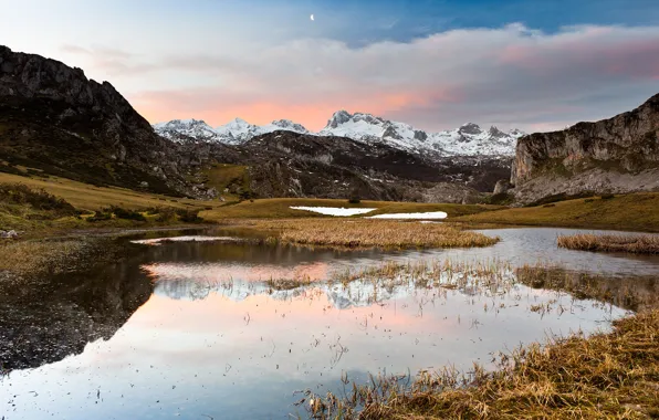 The sky, clouds, mountains, lake, a month