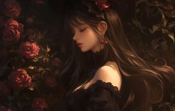 Girl, flowers, pose, the dark background, portrait, roses, brunette, shoulder