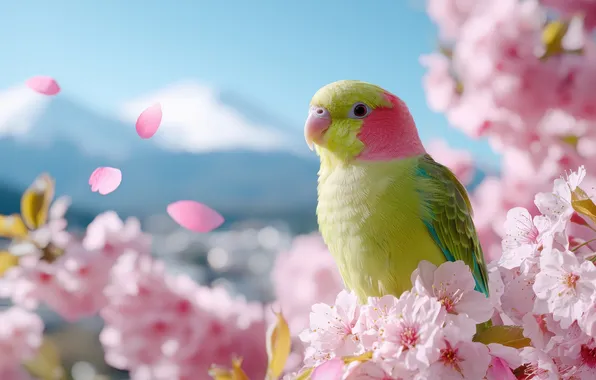 Flowers, mountains, branches, yellow, bird, spring, dal, petals