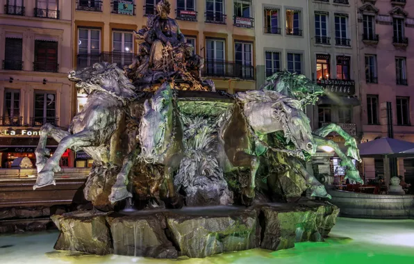 Picture night, lights, France, fountain, sculpture, Lyon