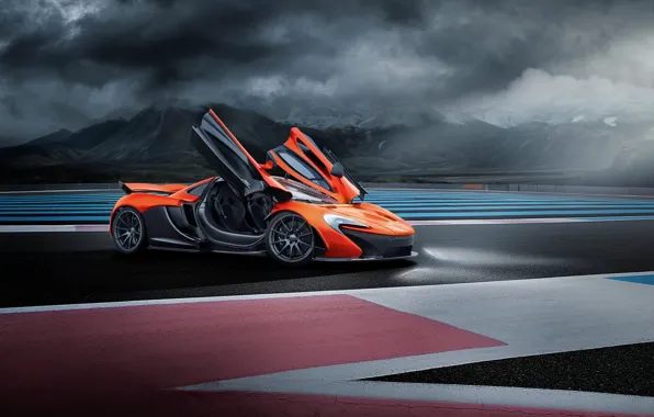 Picture McLaren, Orange, Race, Front, Supercar, Track, Doors, Ligth