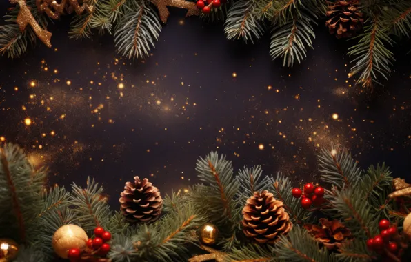 Balls, branches, berries, the dark background, Shine, sequins, fruit, Christmas