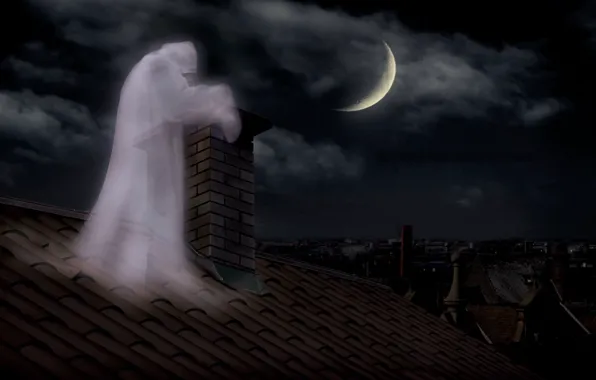 Night, pipe, Ghost, ghost, brick, lunar Eclipse, on the roof, Ghost