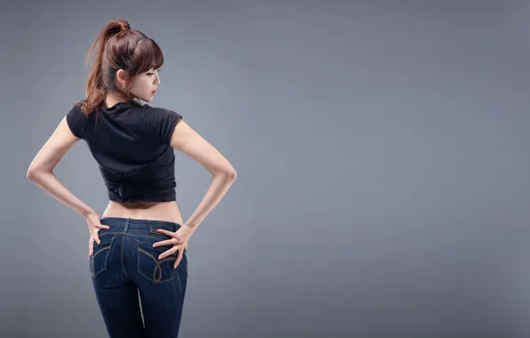 Jeans, t-shirt, Asian, grey background, jeans, asian, t-shirt, Korean