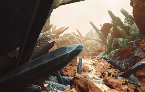 Planet, crystals, starfield, konen