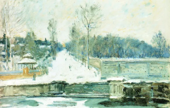 Picture winter, landscape, picture, Alfred Sisley, Alfred Sisley, Dam in Marly-Le-ROI