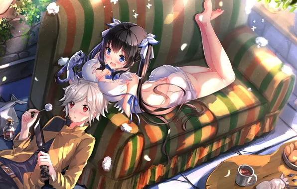 Chest, girl, smile, sofa, stay, food, blush, dagger