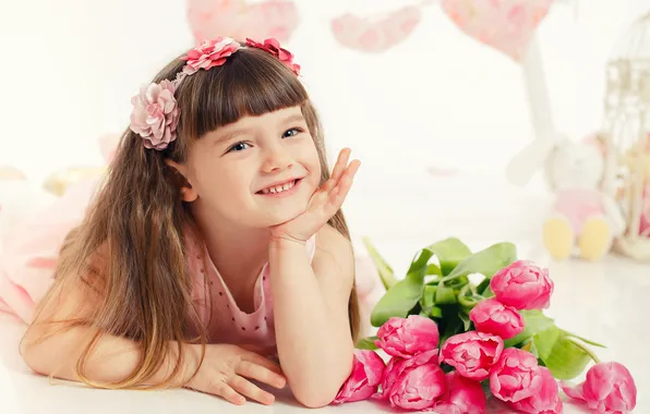 Picture girl, flowers, children, face, tulips