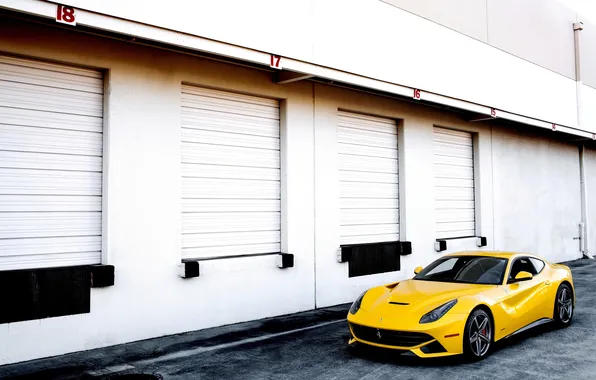 Picture yellow, wall, ferrari, Ferrari, yellow, Berlinetta, blinds, f12 berlinetta