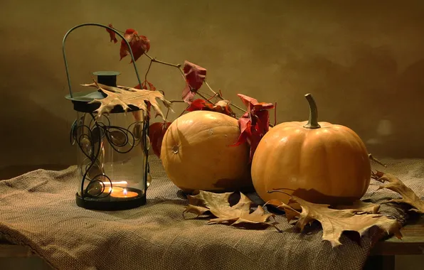 Picture autumn, leaves, lantern, pumpkin