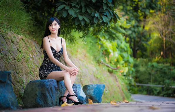 Road, girl, stones, brunette, legs, Asian, sitting, bokeh