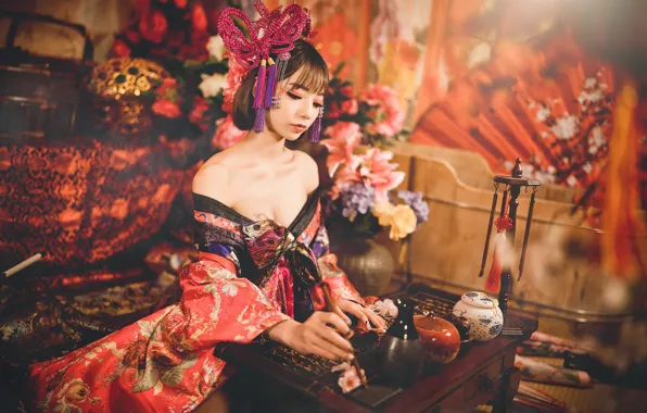 Chest, girl, decoration, pose, style, room, sofa, interior